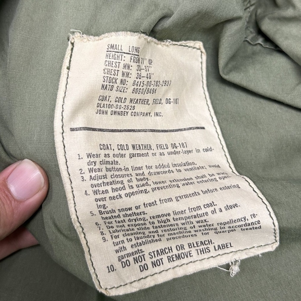 John Ownbey M-65 Field Jacket Mens Small Long Green Military OG-107 DLA100-80 - Picture 4 of 7